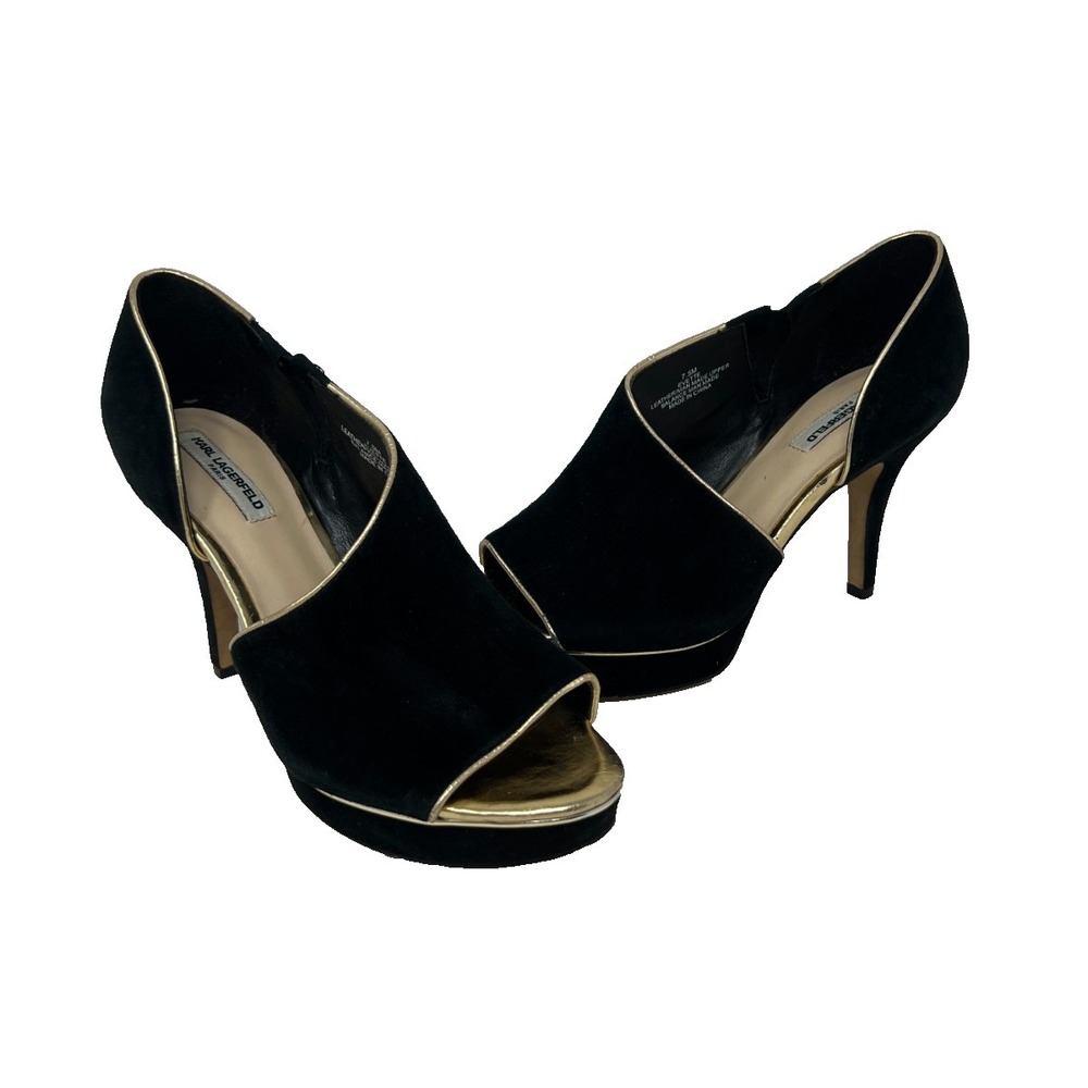 Karl Lagerfeld Evette Suede‎ Dorsey Platforms Black/Gold Accent Womens Size 7.5